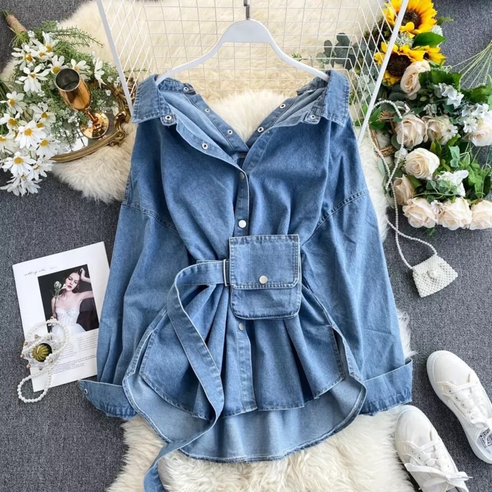 Denim top shirt womens collar belt bag duo style
